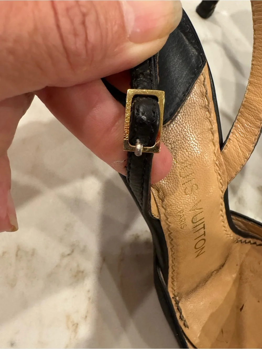 Vintage Louis Vuitton Black Pointed Leather Flats with Gold LV Charm